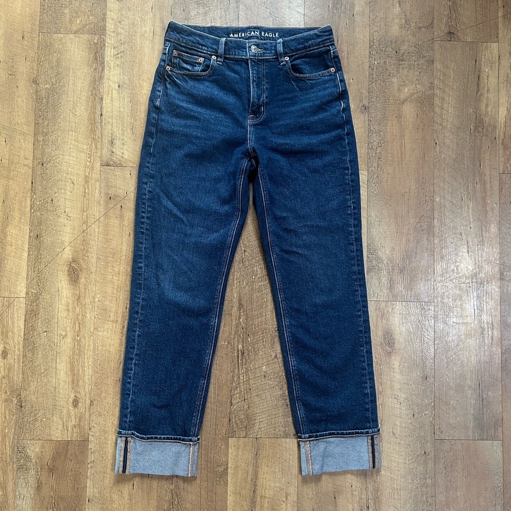 American Eagle Super High Rise Straight Jeans Size 4 Stretch Dark NEW